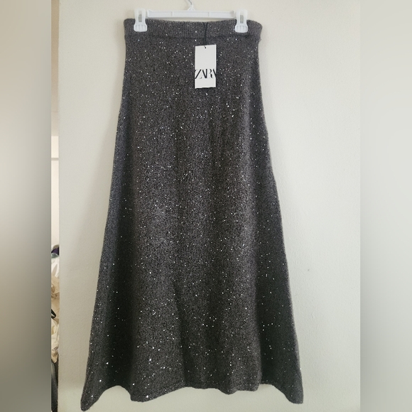Zara set co-ord sequin knit sweater & midi skirt A-line taupe/brown sz M BNWT - Picture 6 of 13